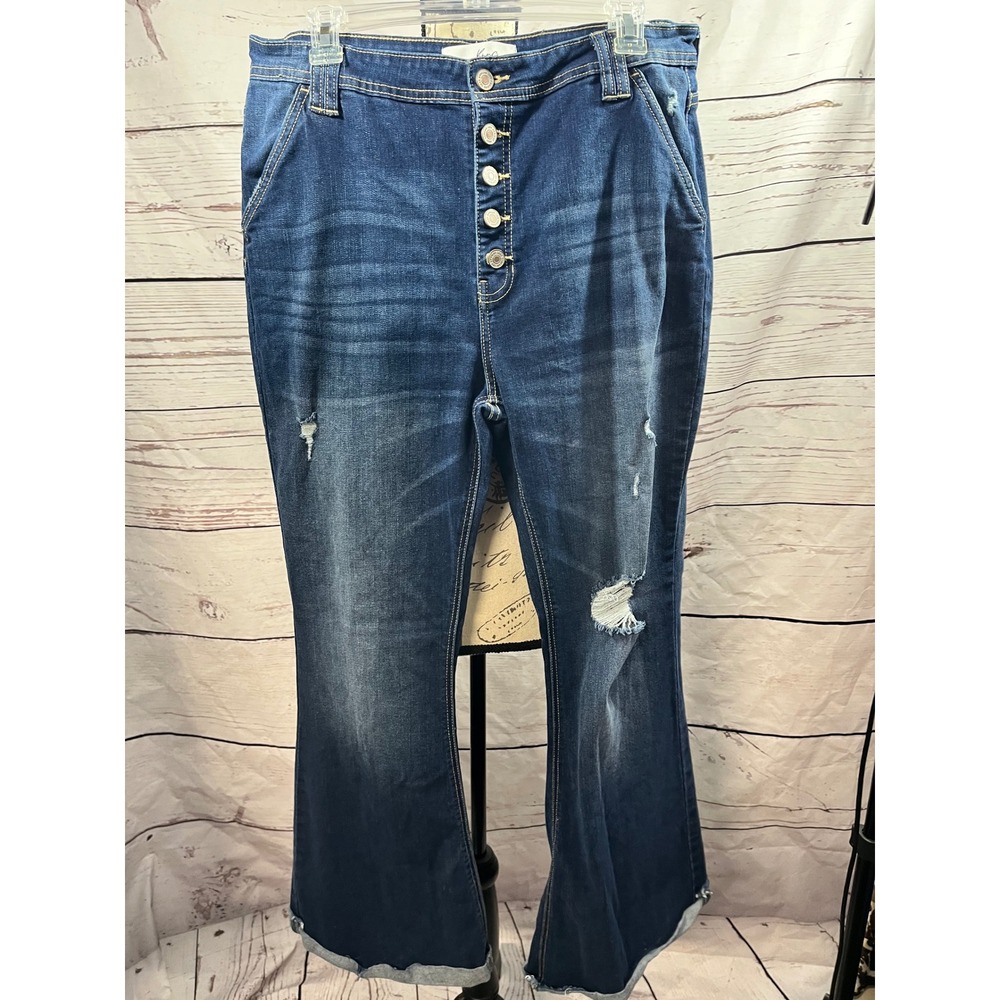 Kancan Women's Distressed High Rise Button‎ Fly Flare Jeans Size 15/31